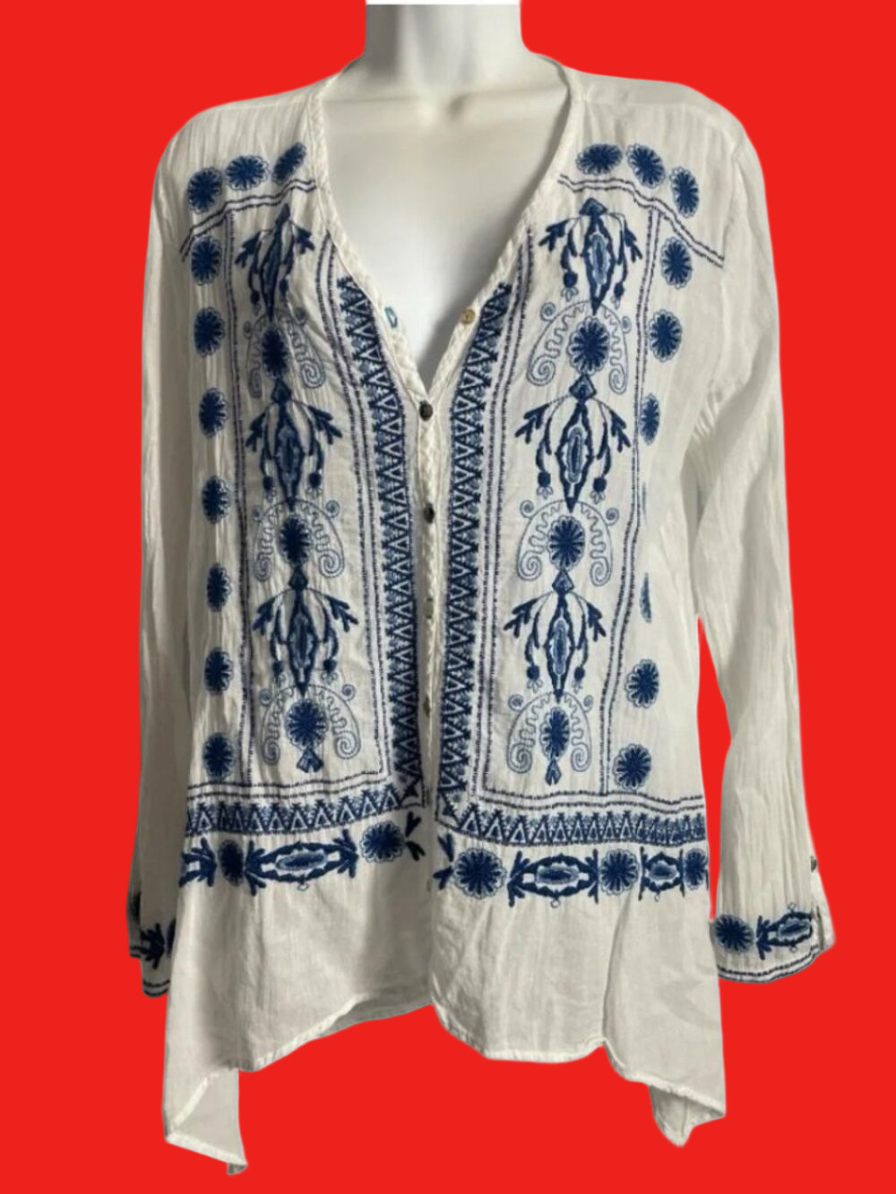 Johnny Was Embroidered White Button Down with Blue Embroidery